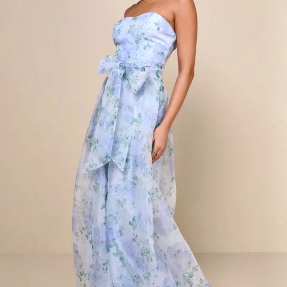 NWT Lulus Charming Sweetness Periwinkle Blue Floral Strapless Organza Maxi Dress - Picture 3 of 11